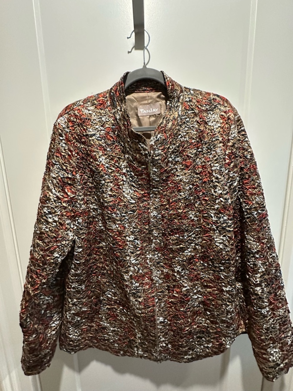 TanJay Metallic Textured Bomber Jacket in Red and Gold Tones